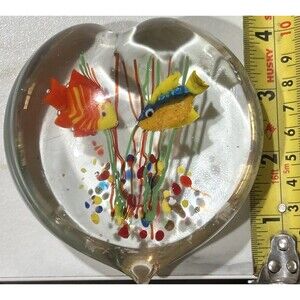 Vintage Murano Glass Aquarium Heart-Shaped Paperweight 2 Fish Valentine Gift